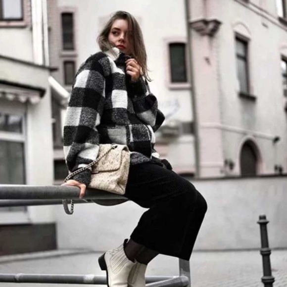 Boyfriend Fit Plaid Jacket Coat Black White - Picture 16 of 16